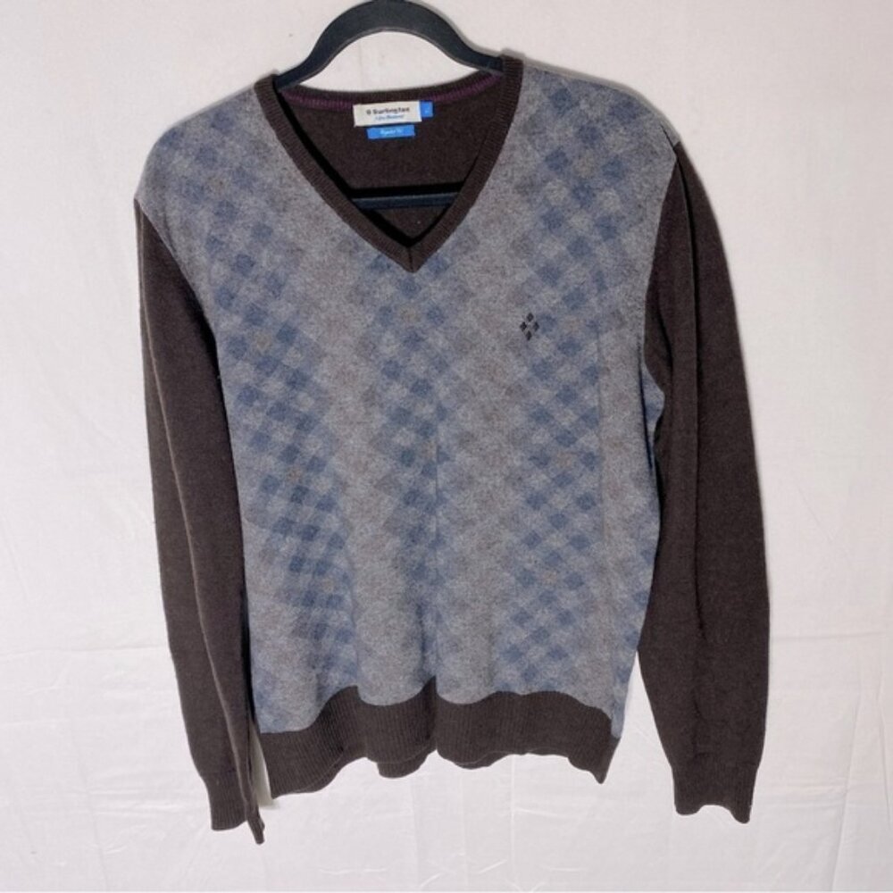 Burlington Brown Blue Tan Extra Fine Lambswool V Neck Pullover Light Sweater XL